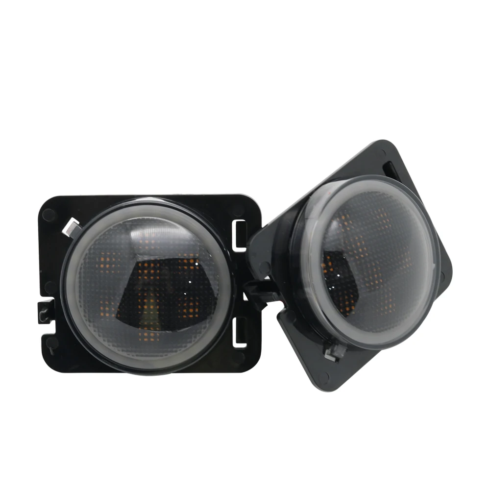 For 2007-2017 Jeep Wrangler JK Smoke Lens White Halo Ring Amber LED Front Turn Signal Light + Fender Side Marker Parking Lamp (8)