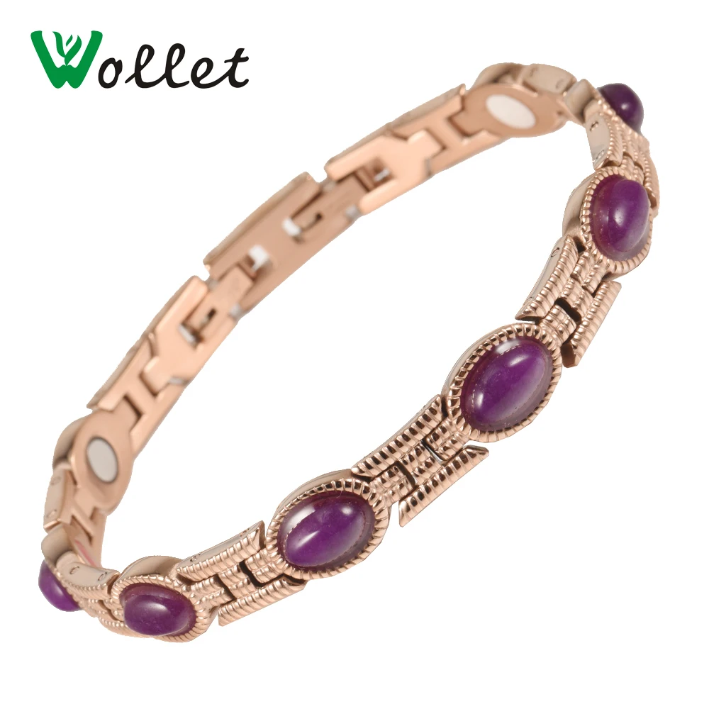 

Wollet Jewelry Purple Crystal Rose Gold Color Magnetic Germanium Tourmaline Infrared Stainless Steel Bracelet For Female