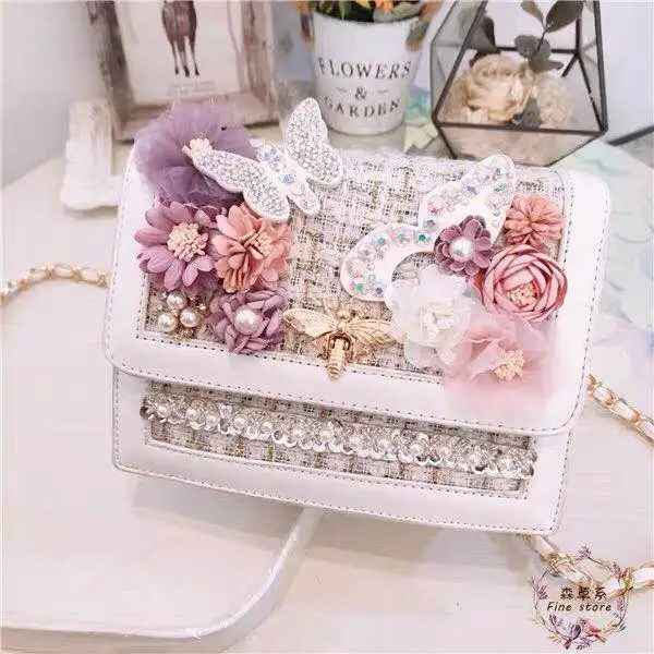 

Chain Women's Bag Spring 2019 New Forest Bag Sweet Stereo Flower Water Drill Straddle Single Shoulder Square Bag