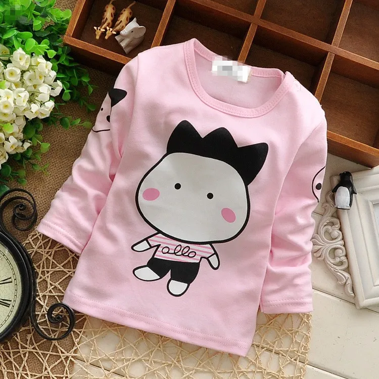 

Baby Toddler Kids Cotton Lovely Character Print Boys Girls T-shirt Button on Shoulder O-neck Pink Tops G043