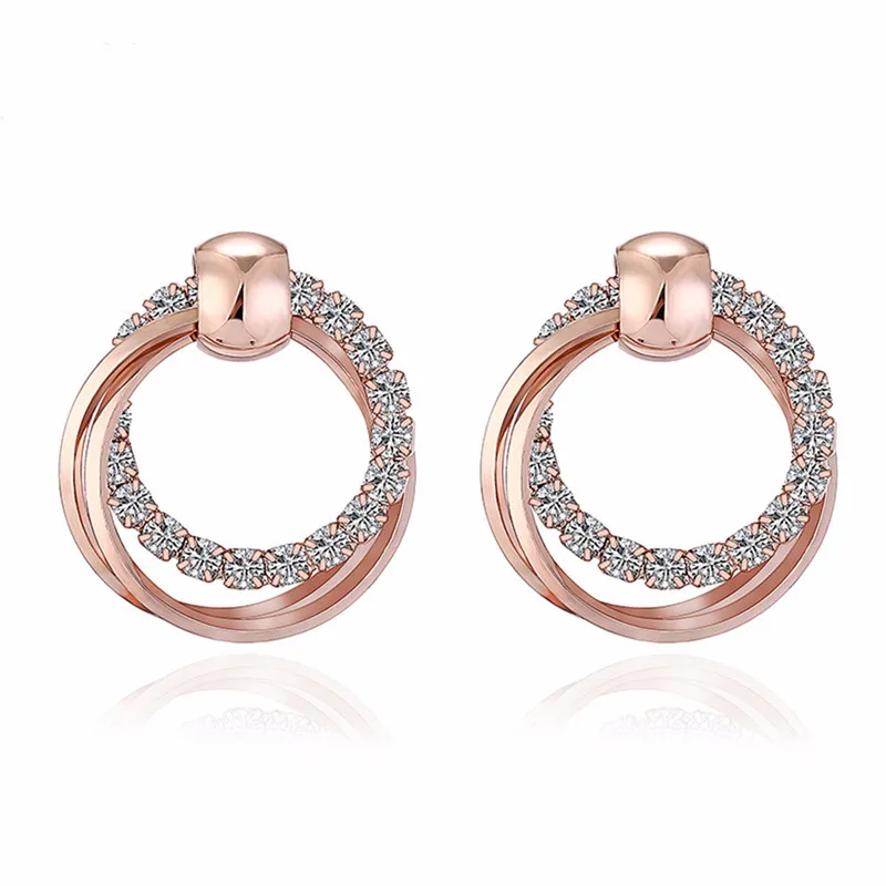 

BOAKO Double Round Rhinestone Hoop Earrings Female Rose Gold Color Earrings For Women Girls Bridal Charms Jewelry pendientes
