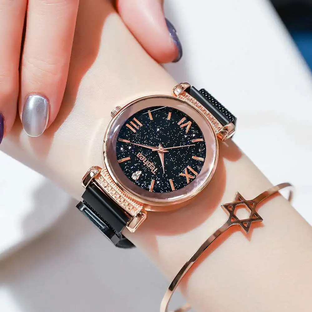

Luxury Women Watches Fashion Elegant Magnet Buckle Vibrato Purple Ladies Wristwatch New Starry Sky Roman Numeral reloj muje 2019