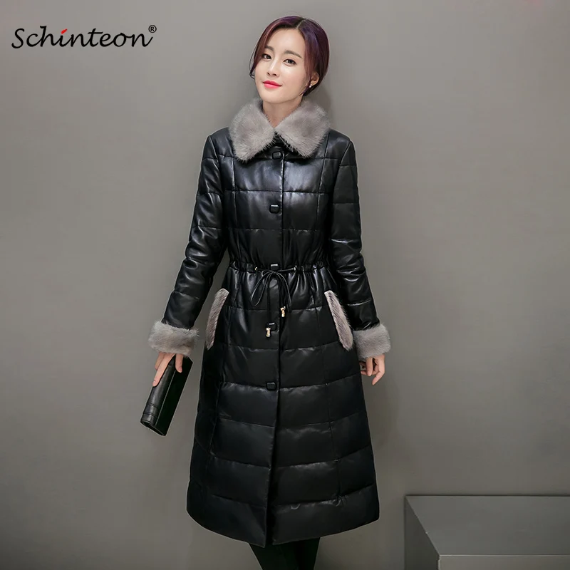 Schinteon, женская зимняя кожаная длинная куртка с искусственным мехом норки, пуховик, теплая верхняя одежда, тонкая одежда, Регулируемая Талия
