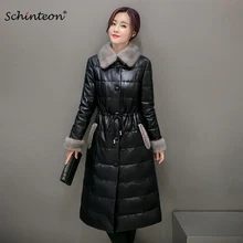 Schinteon, женская зимняя кожаная длинная куртка с искусственным мехом норки, пуховик, теплая верхняя одежда, тонкая одежда, Регулируемая Талия