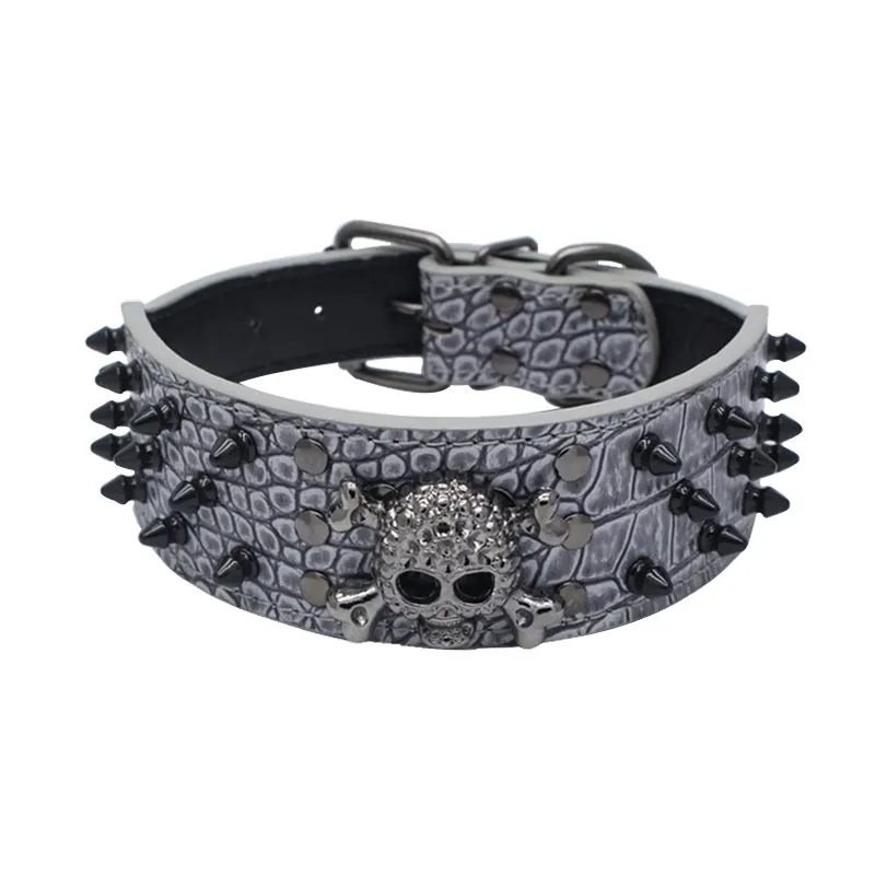 Dog Pu Leather Collar Sparkly Skull Head Rivet Collar Big Medium Dog