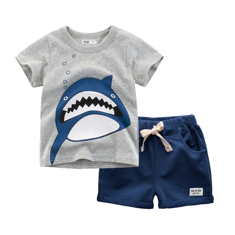 

BINIDUCKLING 2019 Fashion Summer Baby Boys Kids Clothes Set Animal Shark Pattern Cotton Toddler Boy Children Clothing Sets 2PCS