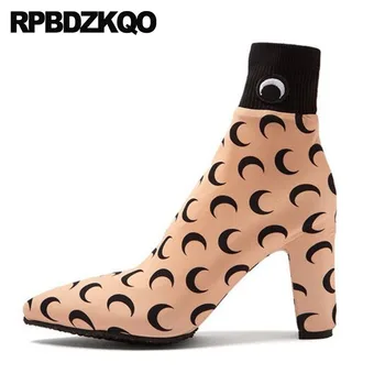 

embellished high quality trend pointed toe ankle short luxury brand shoes women stretch chunky slip on boots sock 2018 sexy heel