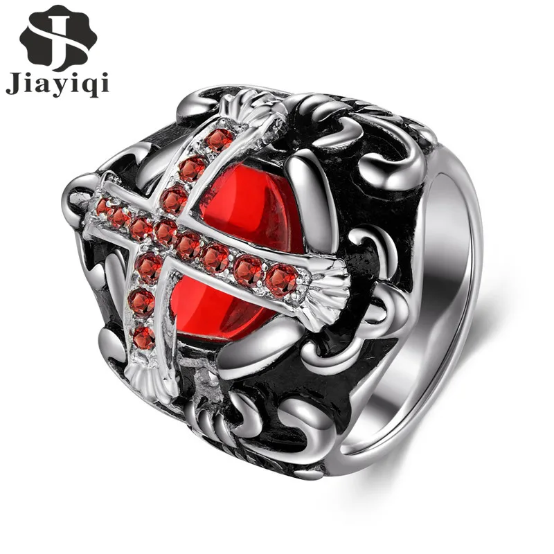 

Jiayiqi Vintage Cross Rings for Men Jewelry Red Stone Cubic Zirconia Titanium Stainless Steel Ring Male Party Gift