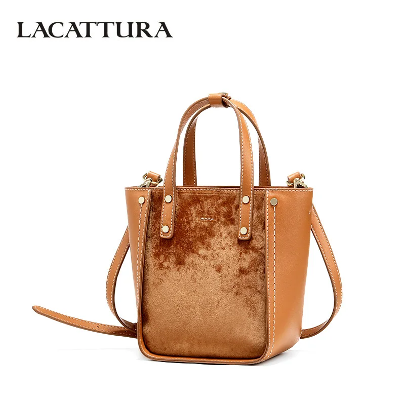 LACATTURA Women Vintage Bucket Bags Designer Fashion Velvet Tote Bag Luxury Leather Handbag ...