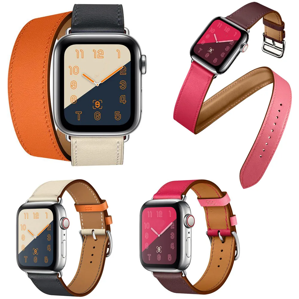 Ремешок из натуральной кожи для Apple Watch Series 5 4 3 2 1 двойной браслет iWatch 44/40 мм 42/38
