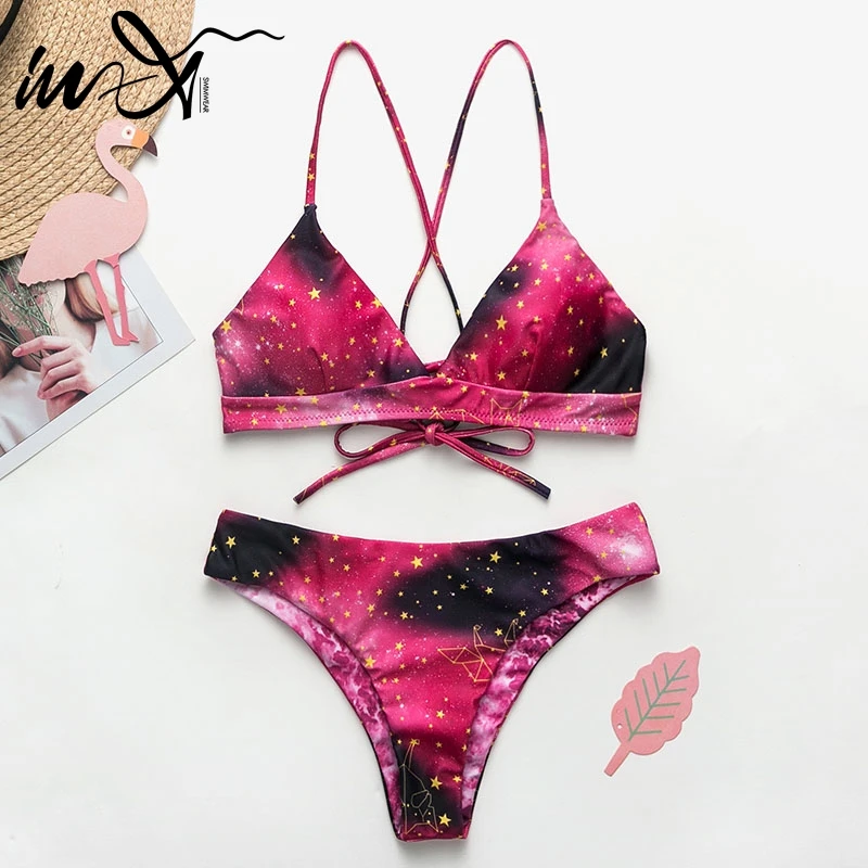 

In-X Sexy star print swimsuit female String bikini 2019 Push up swimwear women Bathing suit Large size bikini set Beach wear XL