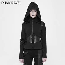 Панк РЕЙВ панк короткая шляпа Кардиган Женская куртка PU Эластичный свитер ребра застежка-молния Веревка тонкий крой пальто готический с капюшоном верхняя одежда