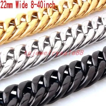 

New Fashion 22mm Wide Silver Gold Black Stainless Steel Curb Cuban Link Chain Strong Men's Bracelet Or Necklace Jewelry 8-40inch