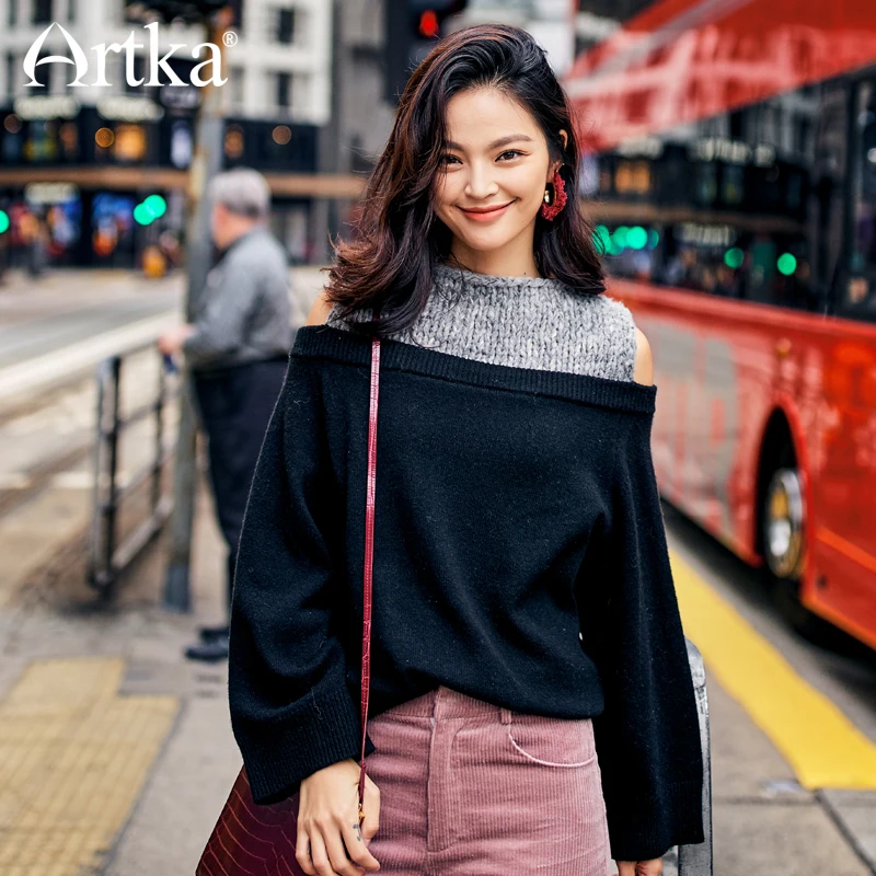 ARTKA 2018 New City Series Female Winter Fake Two Pieces Patchwork Sweater Sexy Off the Shoulder Pullovers JS17025 | Женская одежда