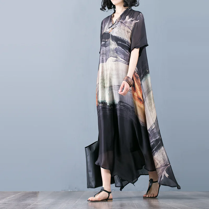 

Summer New Dresses Colorful Silk Printing Dress Women's Loose Quality Soft Fashion Long Dress