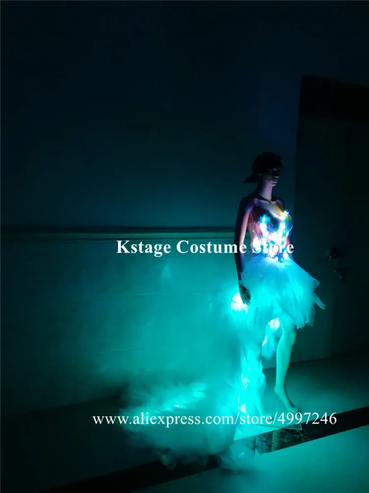 KS11 женские вечерние платья RGB красочный светильник со шлейфом юбка для танца живота носит светодиодные костюмы вечерние Светящиеся одежда с принтом в виде перьев rave