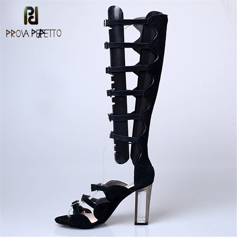 

Prova perfetto Cow Suede Leather Cover Buckle Strap High Heels Sandals Boots Transparent Crystal Thick Heels Knee High Sandals