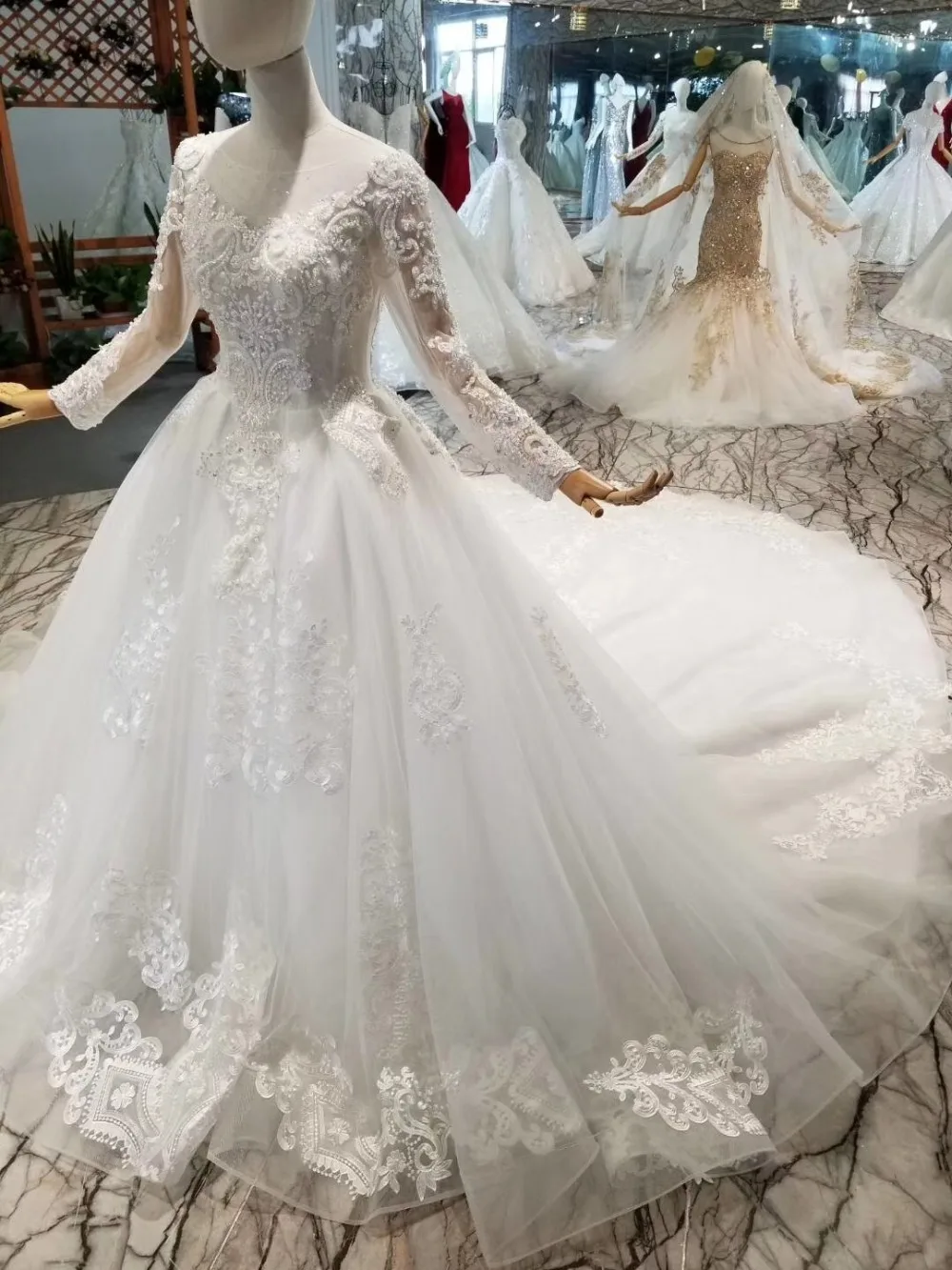 Собор поезд ceremonie femme торжественное платье Длинные рукава Свадебные платья для невесты реальная цена Китай линии Тюль платья