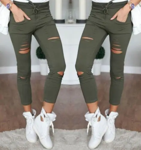 

Women Clothes Skinny Ripped Knee Denim High Waist Jeans Pants Pencil Stretch Casual Trousers Cotton Solid Regular Size
