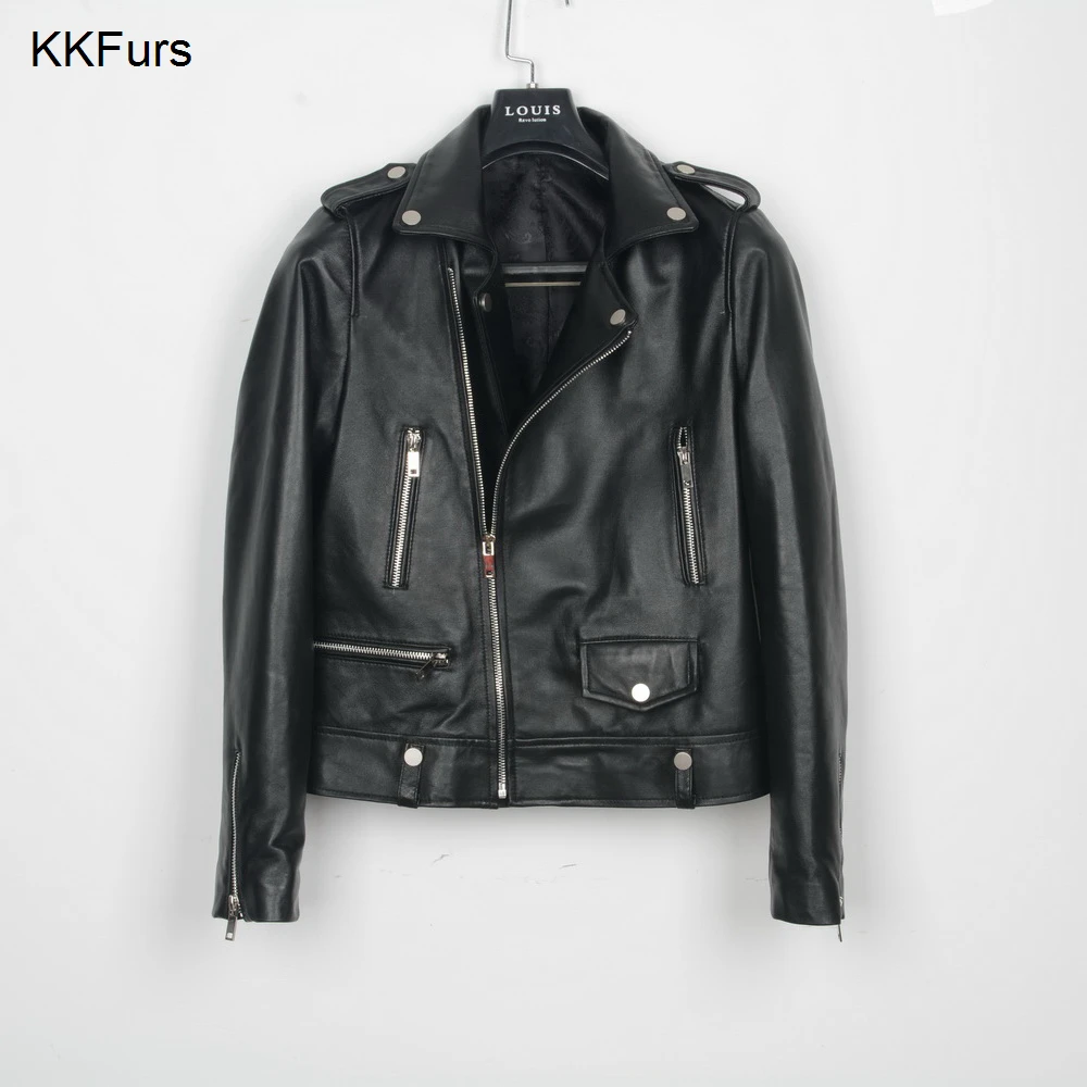 

JKKFURS 2019 Fashion Style Popular Crop Jackets Women Genuine Leather Coats Pocket Ladies Fashion Spring Autumn Winter S5001