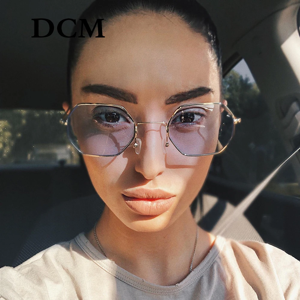 

DCM Fashion Sunglasses Women Metal Frame Polygon Men Ladies Vintage Driving Green Pink Clear Lens Sun Glasses UV400