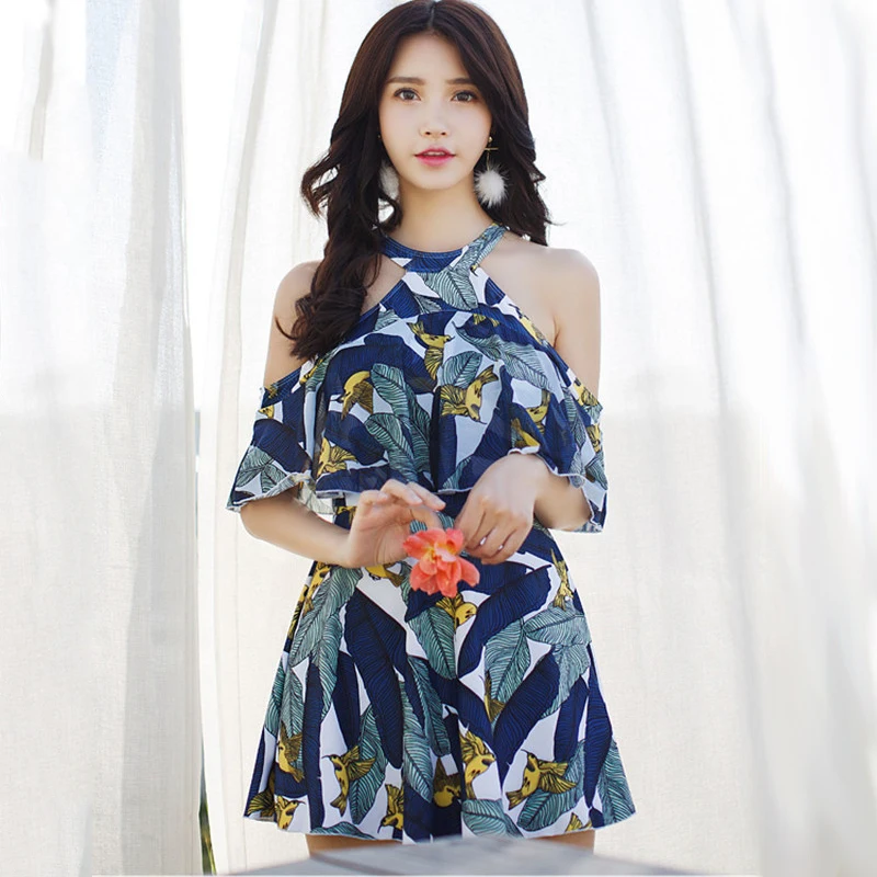 

High Neck Swimwear Push Up Swimsuit Women 2018 Hot Off Shoulder Print Leaf Swim Dress Modest Bathing Suit Maillot De Bain Femme