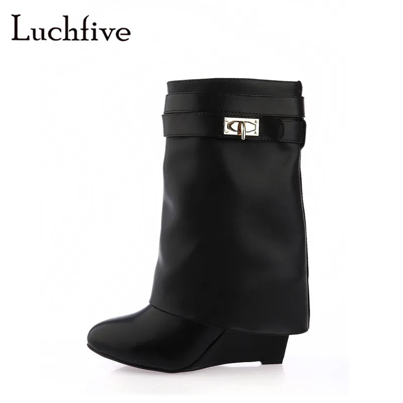 

New Metal Shark-Lock winter boots for women sexy round toe slip on female shoes high wedges black nude ankle boots women