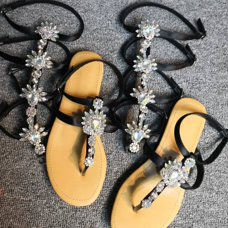 

Bling Bling Crystal T-Strap Women Sandals Chic Split Toe Ankle Strap Gladiators Womens Flat Shoes Rome Fisherman Sandalias Mujer