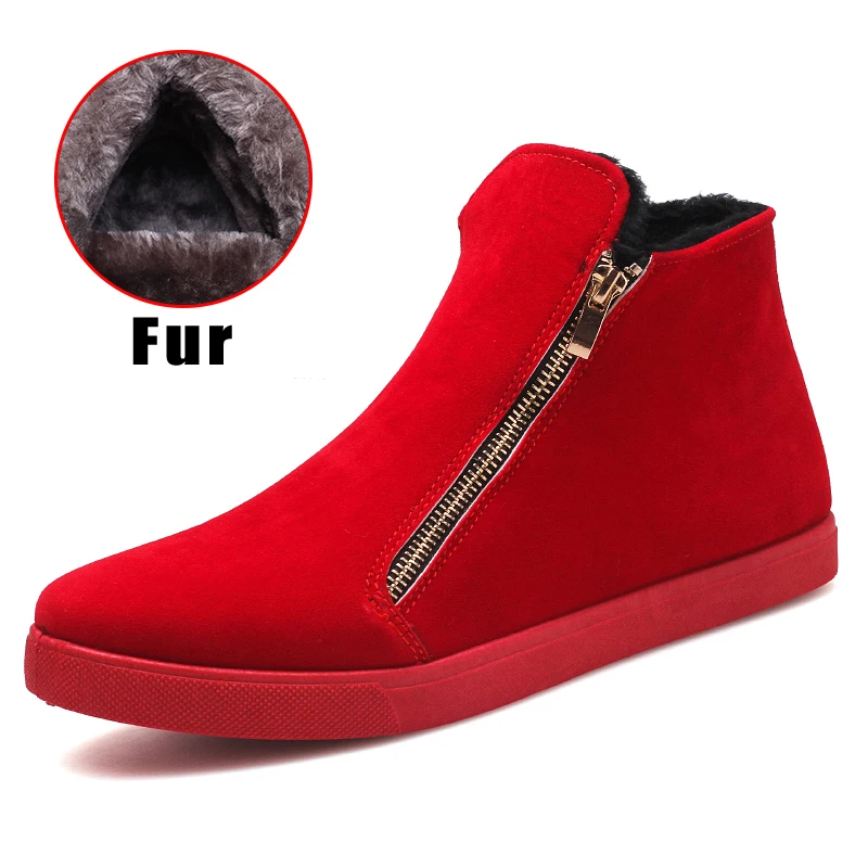 

New Snow Men Boots Red Black Zipper Boots for Mens Comfortable Warm Fur Winter Men Boots with Fur Hard-Wearing Flats Shoes Men