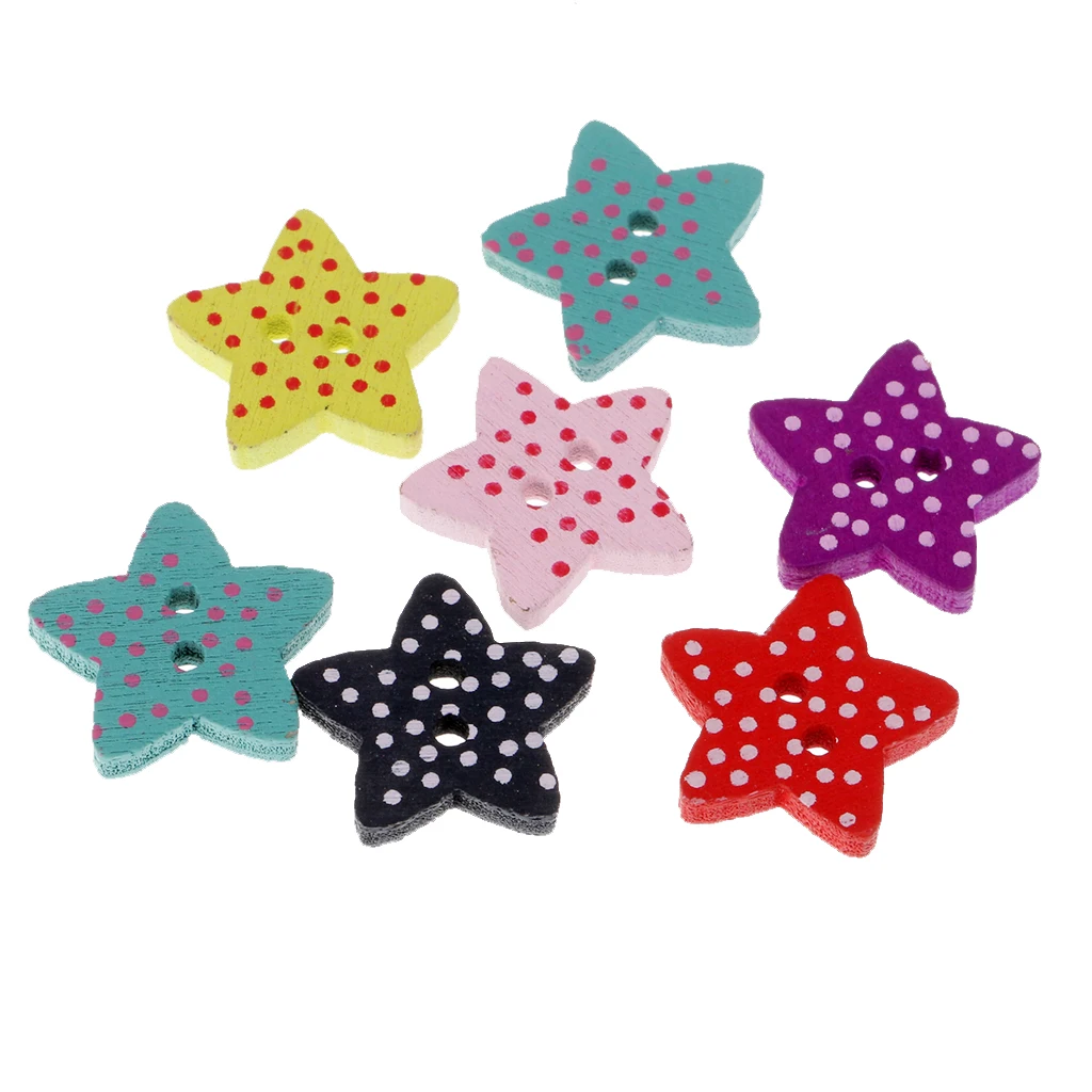 100pcs Mixed Star Shaped Wooden Buttons Polka Dot Buttons for Sewing Craft