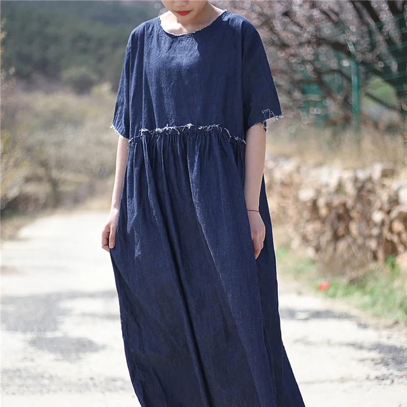 ORIGOODS Cotton Blue Denim Long Dress Women Loose Casual Summer Dress ...