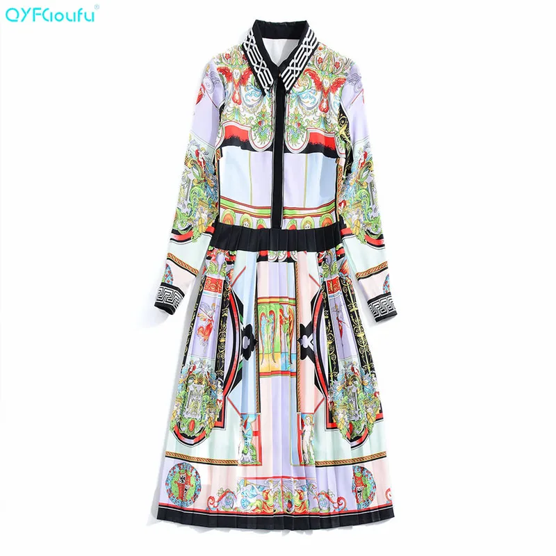 

QYFCIOUFU 2018 Runway Designer Autumn Dress Women's Long Sleeve High Waist Floral Print Slim Midi Vintage Dress Vestido Female