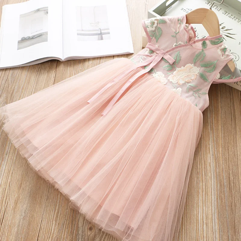 

Melario Girls Mesh Dress 2019 Children Princess Chinese style Sweet Flower Stand Collar Wind Cheongsam Dress Summer Cloth