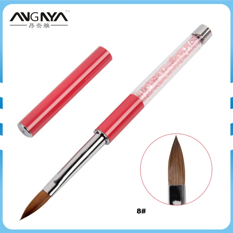 

ANGNYA 1pcs 8#10#12# Kolinsky Hair Nail Brush Pink Rhinestones Handle Nail Art Acrylic Brush Pen for UV Gel Polish Manicure Tool