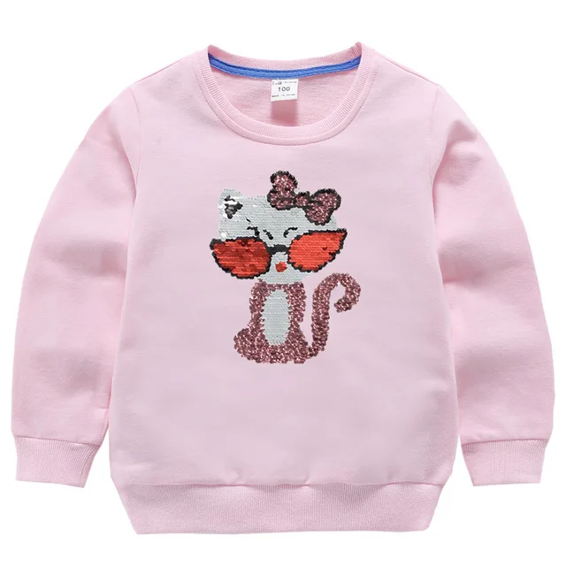 Double Sided Sequin Flash Glitter T-Shirts For Girls Sequins T Shirt Girls Cartoon Cat Kids Tshirt Summer Teen Clothes For Girls Dark Grey