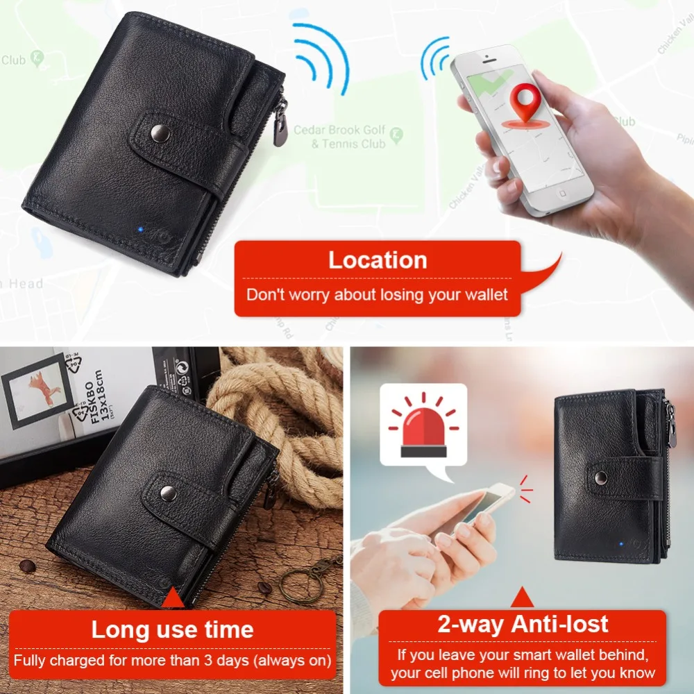 Мужской смарт кошелек KAVIS из натуральной кожи с rfid защитой и сигнализацией черный