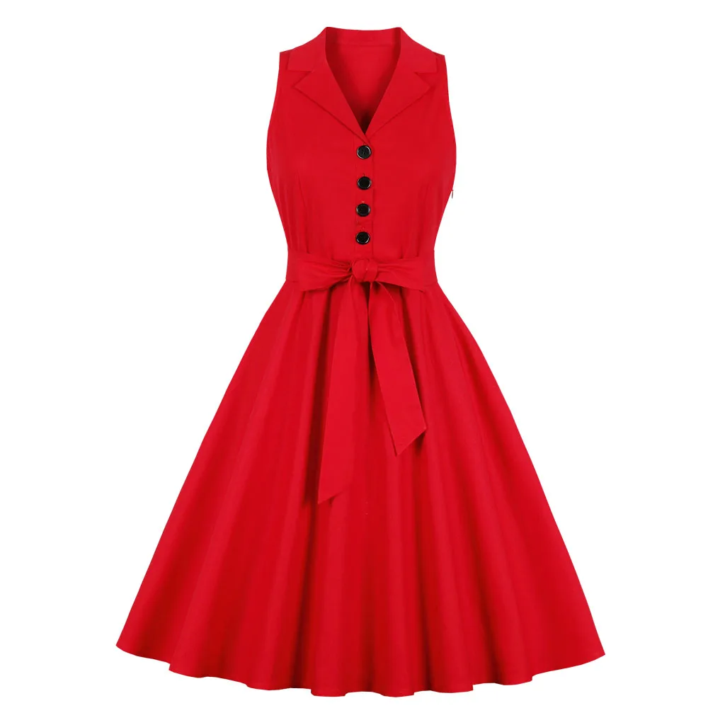 Joineles Сексуальное Женское винтажное летнее платье без рукавов с v-образным вырезом 60 s качели ретро качели хлопковые вечерние банты Betls Feminino Vestidos - Цвет: Red