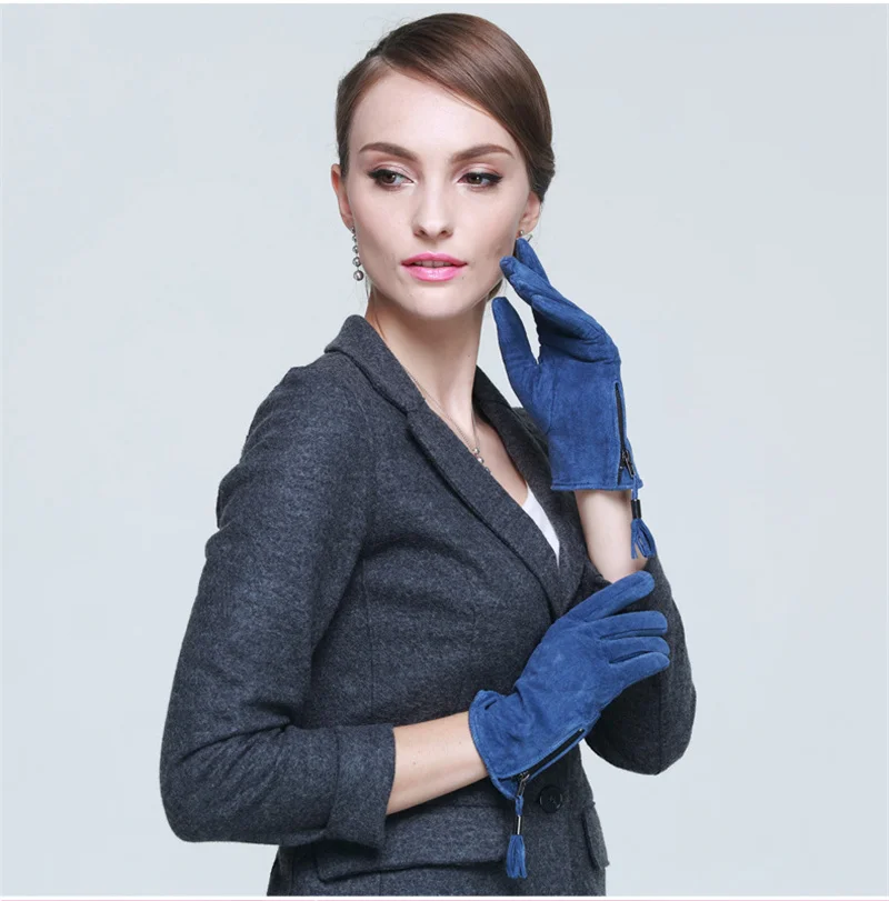 Зимние женские перчатки с подкладкой из свиного пуха, короткие синие женские модели с бахромой на молнии, A2037-5