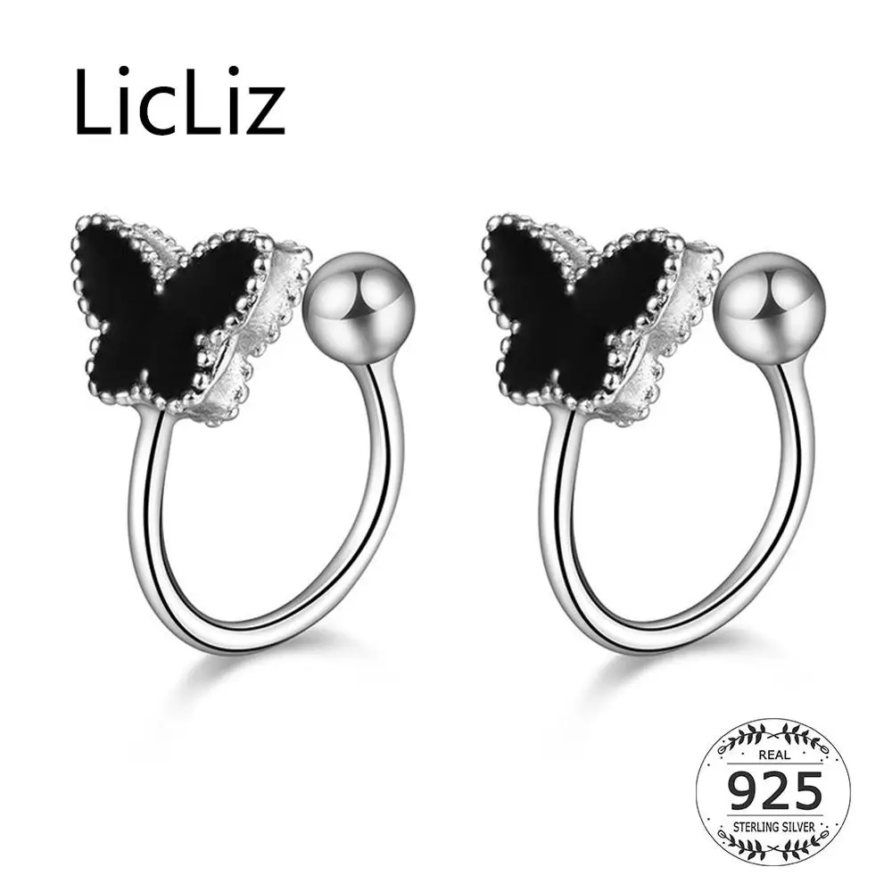 

LicLiz 2019 New 925 Sterling Silver Black Butterfly Open Clip Earrings for Women White Gold Enamel Jewelry LE0656