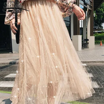 

Fashion summer womens skirts 2019 lace Beading A-Line Solid Sweet skirts Mesh Empire pink black skirt elegant long skirt 4977 50
