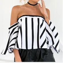 Women Sexy Strapless Printing Striped Shirt Blouse Lady Sexy Chiffon Top Shirt Female Crop Top Off Shoulder Blusa Cool Blouse