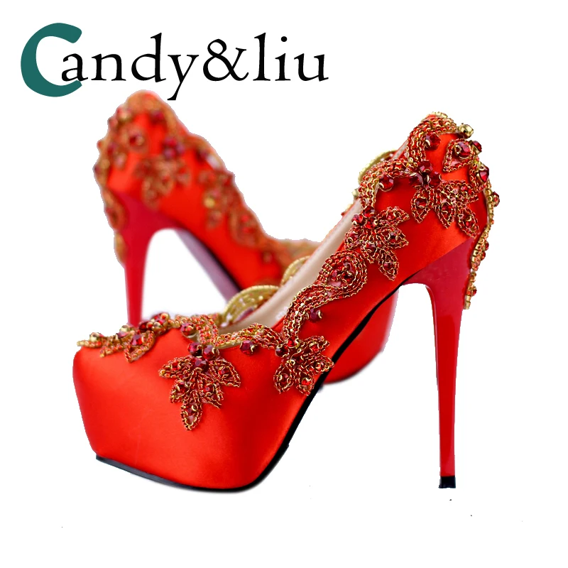 

Women Red Satin Bride Shoes 14cm Ultra-high Heels Crystal Pumps Luxury Wedding Shoes Waterproof Platform Round Toe Thin Heels