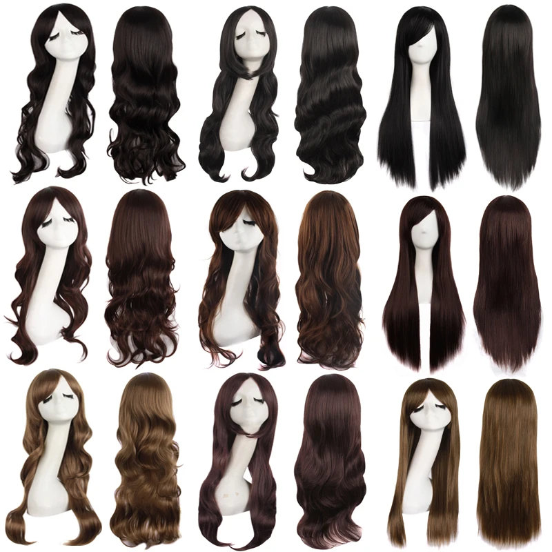 

MapofBeauty 70cm Long Straight Synthetic Wigs With Bangs Black Light Dark Brown Red Cosplay Wigs Heat Resistant Female Hairpiece