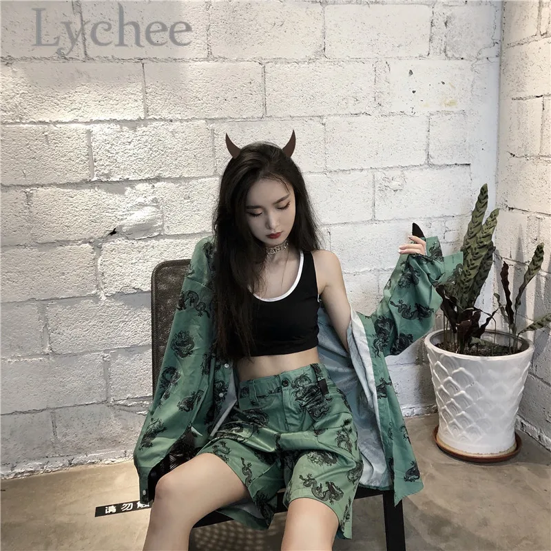  Lychee Harajuku Dragon Print Women Blouse Shirt Turn Down Collar Long Sleeve Summer Spring Loose Co