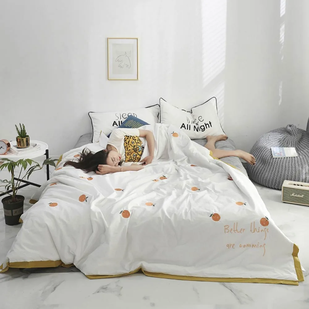 

2019 Fresh Orange White Thin Summer Quilt Air-condition Embroidery Comforter Washed Cotton Fabric Polyester Queen Size