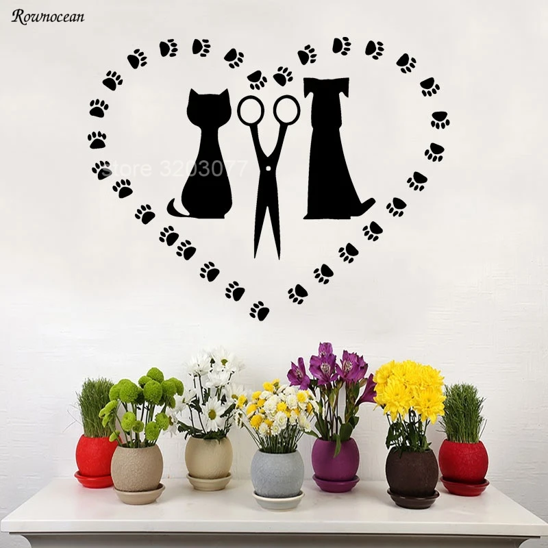 

Dog & Cat Wall Decals Grooming Salon Pets Decal Heart Dog Paw Vinyl Sticker Pet Shop Window Studio Art Mural DIY Z220