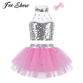 

Kids Girls Jazz Hip Hop Modern Dance Dress Costume Sequins Tops with Rhinestone Mesh Tutu Ballet Dress Hair Clip Dancewear Set