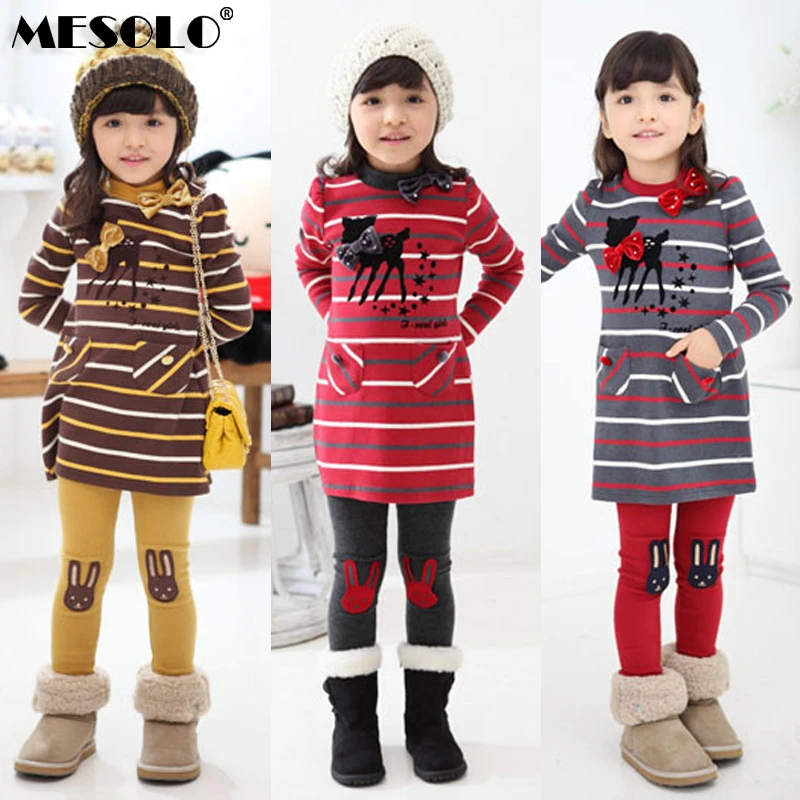 Осенний комплект одежды для девочек, топ с длинными рукавами и штаны комплект из 2 предметов, детская одежда в полоску с изображением оленя K1