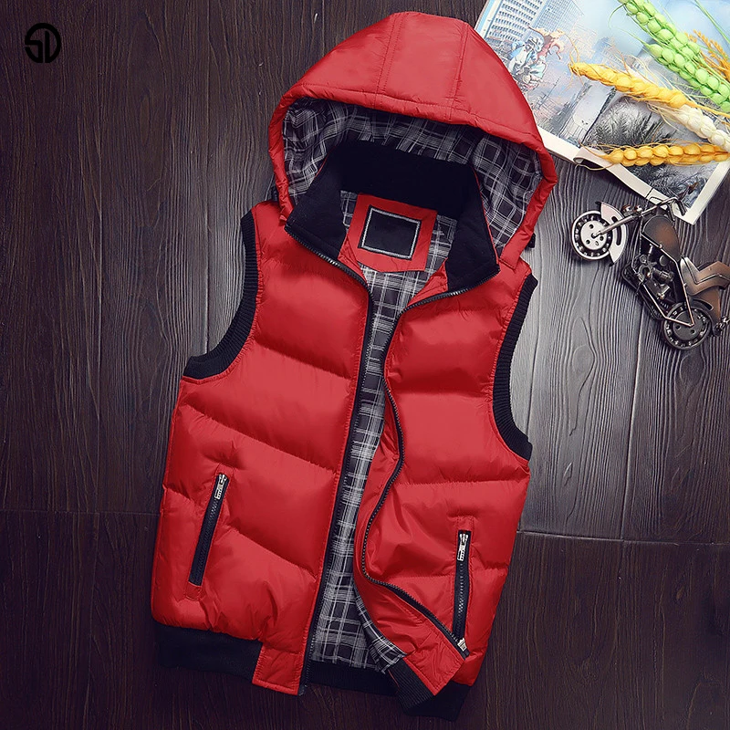 Mens Winter Sleeveless Jacket Men Hood Down Vest Men's Warm Hooded Coat
