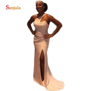 

One Shoulder White Bridesmaid Dresses 2019 Sheath Appliques Leg Split Slit Wedding Party Dress Gowns African Prom Dresses D419